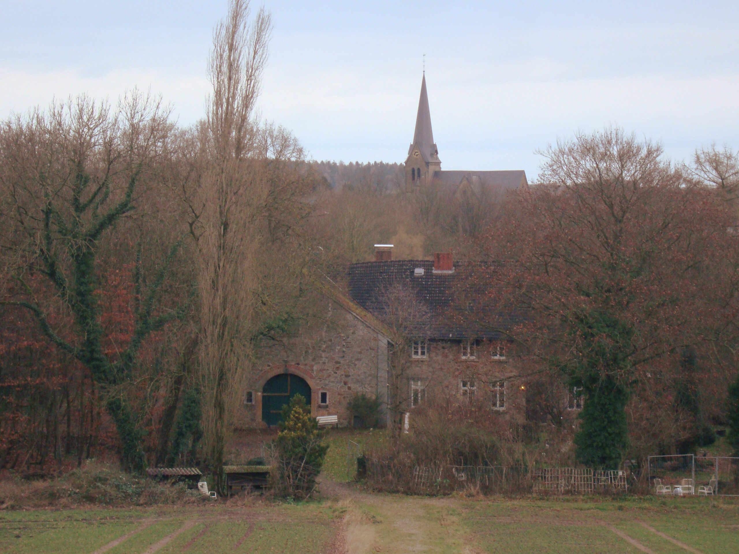 Historisches Bauernhaus umgeben von Natur mit Kirchturm in Hasbergen.