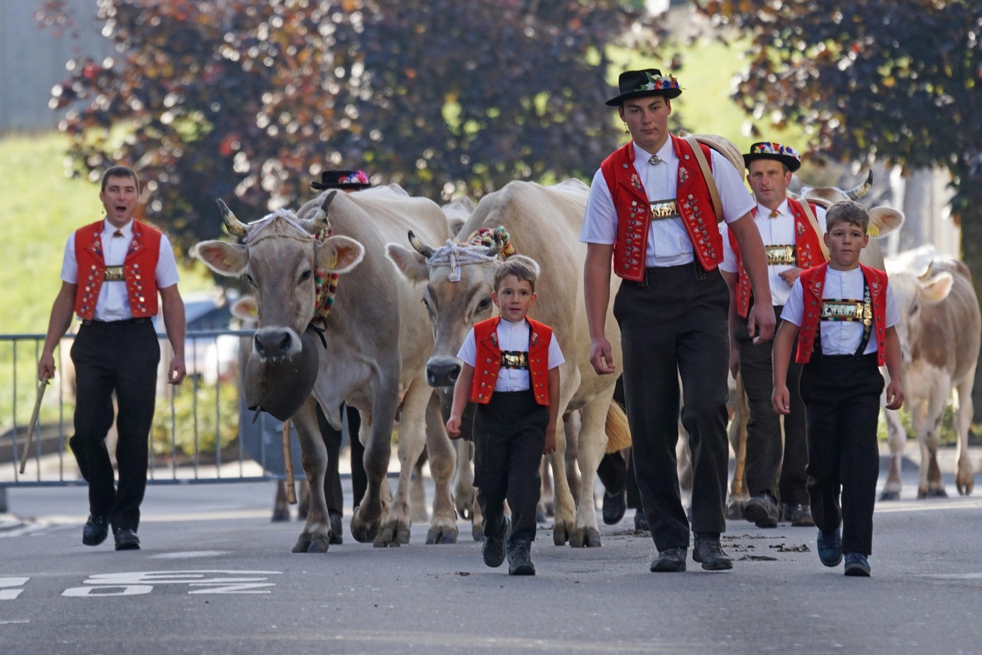 Traditionelles Schweizer Volksfest – Männer und Kinder in Nationaltrachten mit geschmückten Kühen auf der Alp, Schweiz