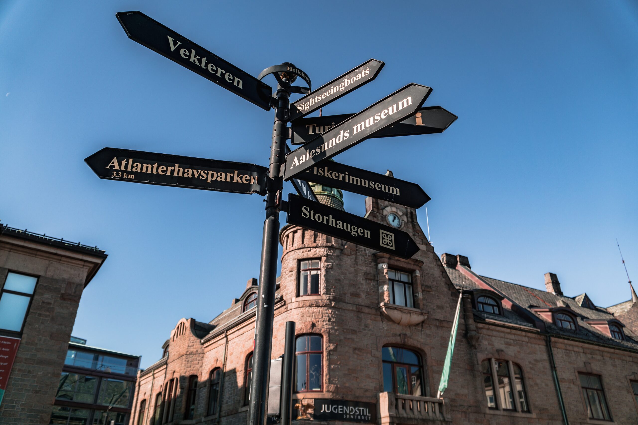 Straßenzeiger in Ålesund – Wegweiser im norwegischen Stadtzentrum, Norwegen