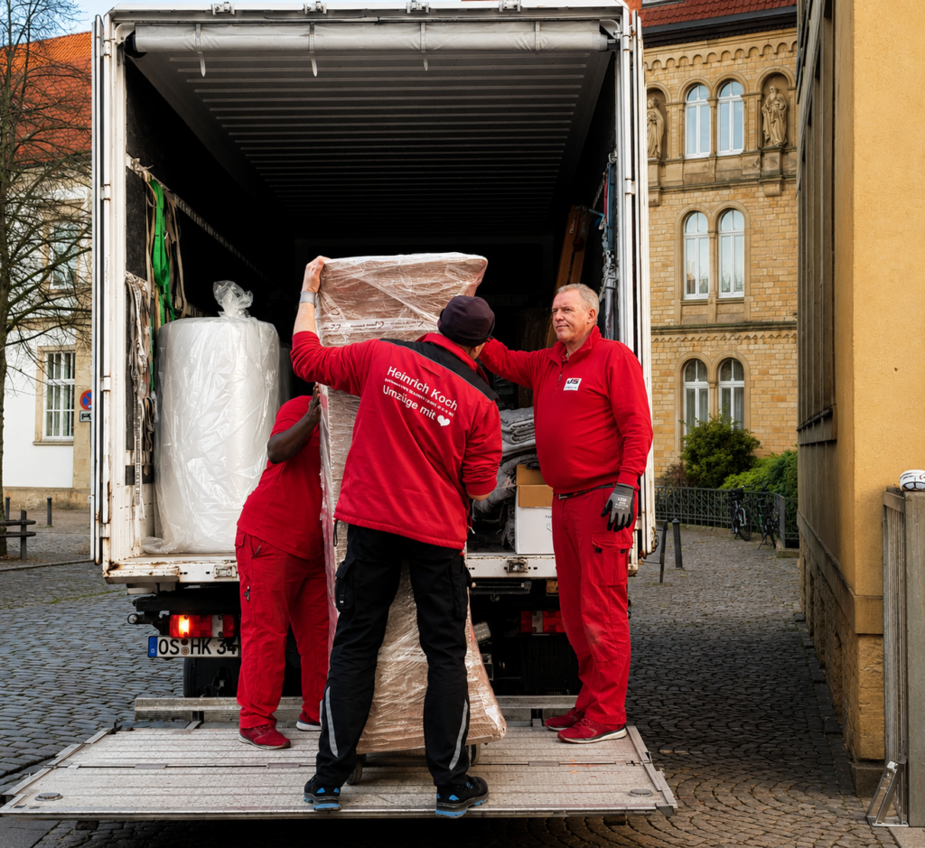 Drei Umzugshelfer von Koch Umzugslogistik in roten Uniformen beladen einen Lkw mit Möbeln