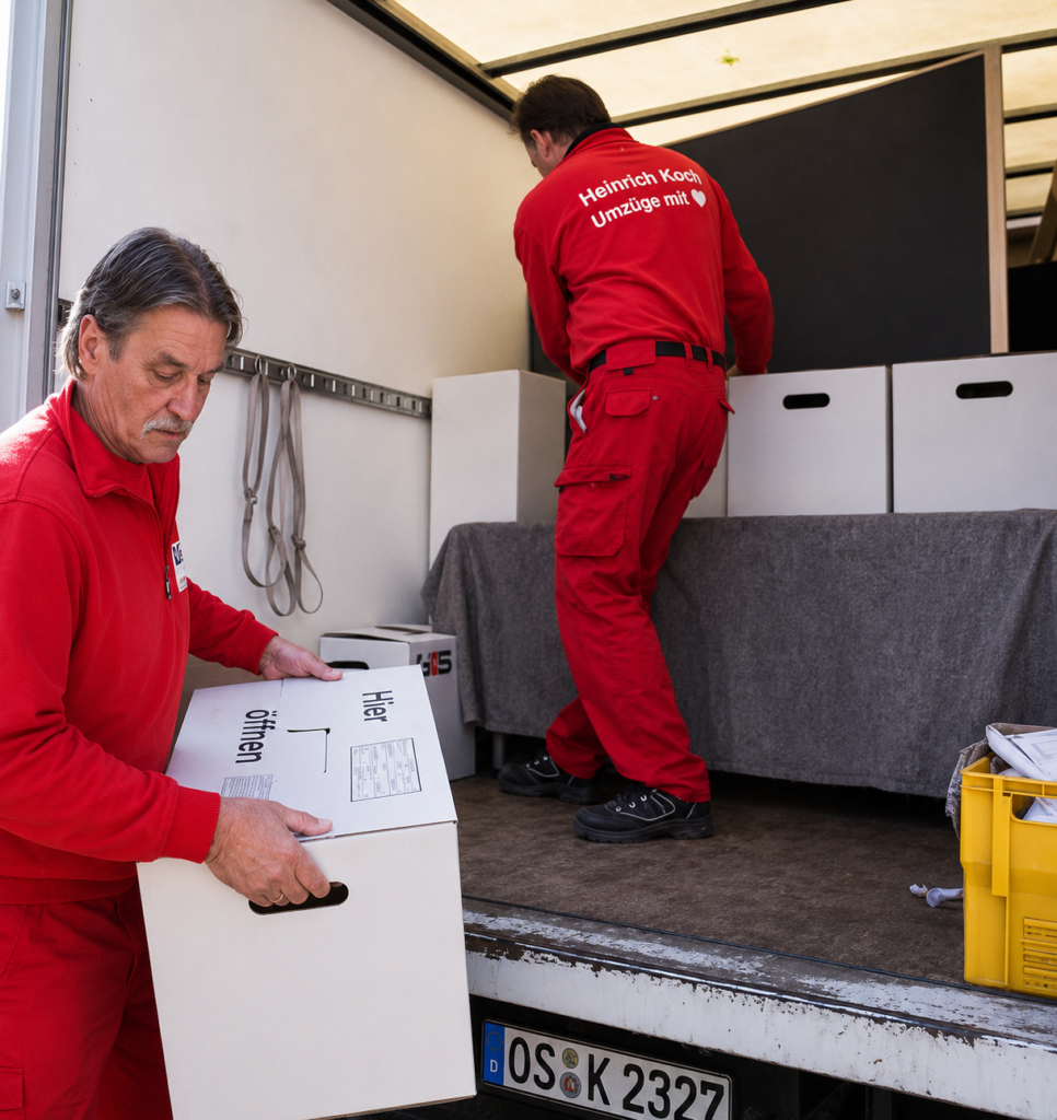 Zwei Mitarbeiter von Koch Umzugslogistik verladen stabile weiße Umzugskartons in einen Lkw